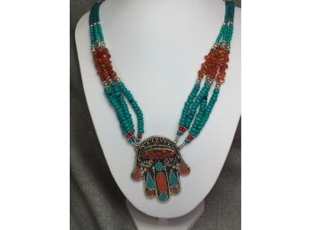 Incredible Handmade Sterling Silver / 925 Necklace With Hamsa - Turquoise & Coral - Incredible Piece - Stunner