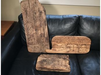 Three Antique / Vintage Folk Art Pieces On Driftwood Pyrography By Founder Of Bittersweet Farm In Branford, CT
