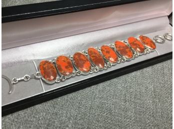 Very Pretty 925 / Sterling Silver Bracelet With Polished Orange Marble Jasper - Amazing Natural Stone / Color