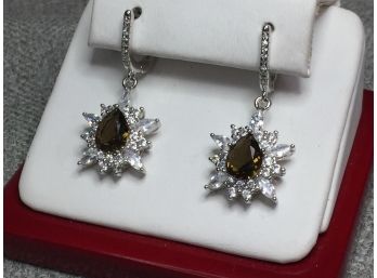 Gorgeous 925 / Sterling Silver Earrings With Smokey Topaz And Sparkling White Topaz - VERY PRETTY PAIR !