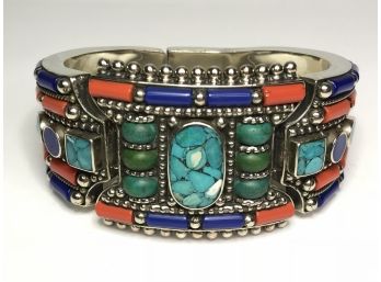 Fabulous Chunky Sterling Silver Cuff Bracelet AMAZING ! - Turquoise - Lapis Lazuli & Coral - All Handmade