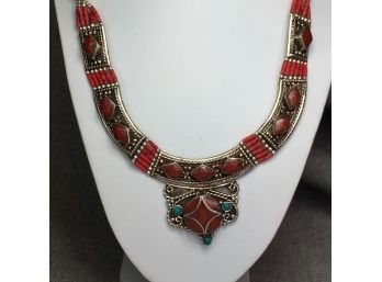 Fabulous Sterling Silver / 925 Necklace - With Coral & Turquoise - Amazing Completely Handmade Necklace
