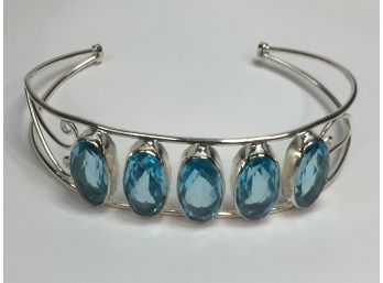 Lovely Sterling Silver / 925 Cuff Bracelet With Aquamarines - Very Pretty Bracelet - Brand New Never Worn