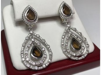 Beautiful Vintage Style Sterling Silver / 925 Earrings With Smoky Topaz - Very Pretty Pair - Very Nice