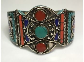 Incredible Chunky Sterling Silver Cuff Bracelet With Turquoise - Lapis Lazuli & Coral ALL HANDMADE In Bali