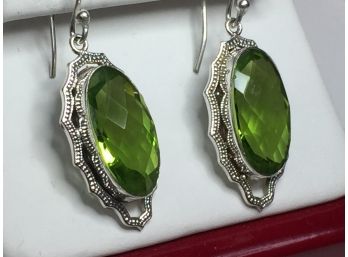 Fantastic 925 / Sterling Silver Large Long Earrings With Peridot - Beautiful Vintage Style - Never Worn