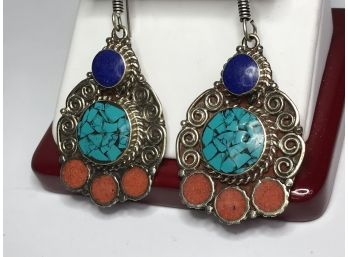 Wonderful Sterling Silver / 925 Earrings With Turquoise - Coral & Lapis Lazuli - Very Pretty Earrings