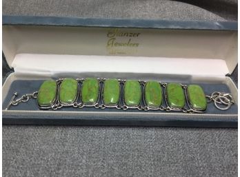 Unusual & VERY Pretty Sterling Silver / 925 Bracelet With Polished Green Turquoise - Very Pretty Bracelet