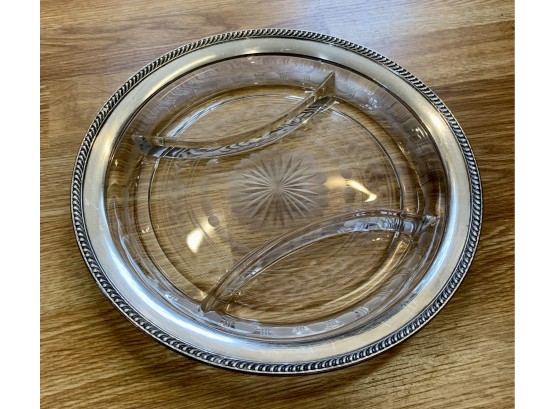 Antique Sterling Silver Rim Crystal Divided Dish