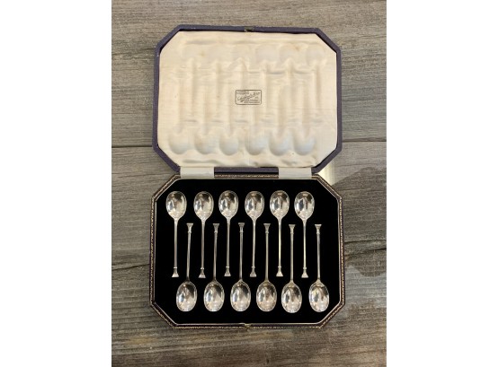 Set 12 Sterling Silver English Chocolate Spoons In Fitted Case