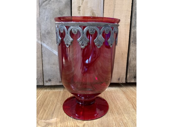Vintage Ruby Glass Vase With Pewter Decoration