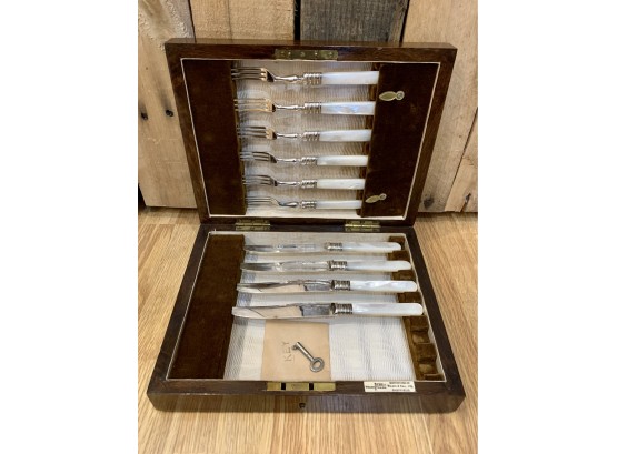Antique Sterling Silver & Mother Of Pearl Fork And Knife Set