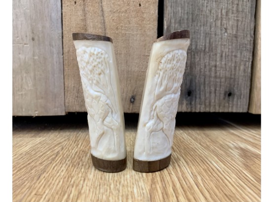 Carved Bone And Wood Salt And Pepper Shakers