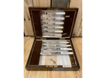 Antique Sterling Silver & Mother Of Pearl Fork And Knife Set