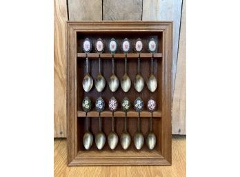 Two Sets Of Six Small Collectible Spoons In Wood Display
