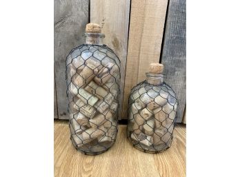Pair Vintage Wire Wrapped Glass Bottles With Corks