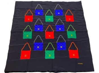 CHANEL Black And Multicolor Handbag Print Silk Scarf