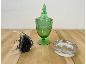 Vintage Hand Blown Glass Angel Fish, Green Depression Glass Candy Dish, And Glass Paper Weight