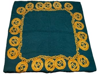 CHANEL Paisley Green Silk Jacquard Scarf With Gold Chain And CC Medallions