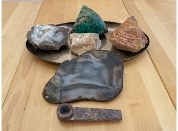 Collection Of Assorted Stones, Geode, Stone Pipe And Pewter Dish