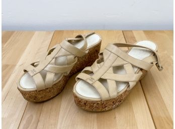 CHANEL Lambskin Cork Pearl CC Platform Sandals Size 5 1/2