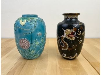 Chinese Cloisonne Dragon Vase And Floral Ceramic Vase