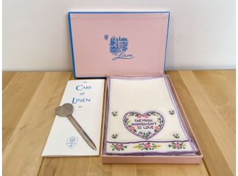 NEW! Leron Embroidered Linen Napkin Set With Silver Heart Shaped Letter Opener