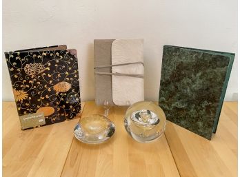 Collection Of Empty Journals And Two Glass Paperweights