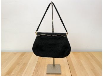 Vintage Handmade Midnight Black Seed Beaded Evening Bag With Hinged Closure