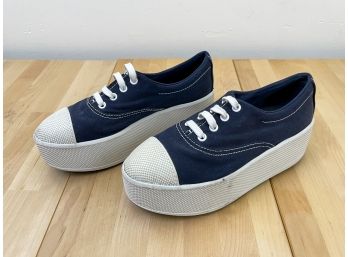 PRADA Navy Blue And White Canvas Baltico Platform Sneakers Size 5 1/2
