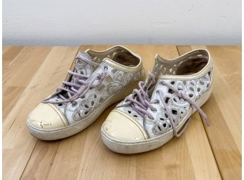 CHANEL White Leather Laser Cut Camellia Motif Sneakers