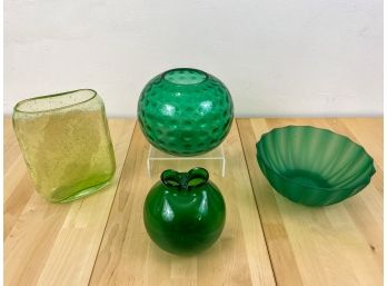 Three Glass Vases And An Arcoroc French Bowl