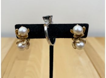 Pair Of Pearl And 14K Gold Glip On Earrings And 10K Gold Ring