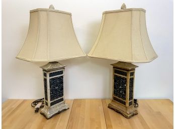 Pair Of Hand Carved Wood Lamps With Glaze Stain Finish And Cut Corner Rectangle Shade