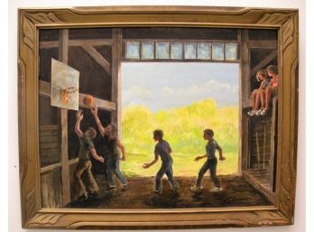 Listed Old Lyme Connecticut Artist Timothy Eastland Barn Basketball Game Oil Painting