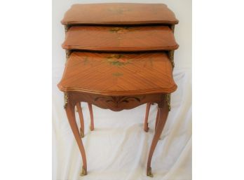 Beautiful Set Of 3 Antique French Mahogany Hand Painted Inlaid Nesting Tables With Brass Ormalu