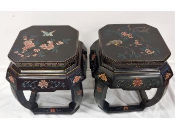 Beautiful Pair Vintage Chinese Hand Stenciled Octagon Lacquered Side Tables With Glass Tops