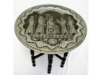 Vintage Persian Middle Eastern Silvered Copper King & Servants Ghalamzani  Engraved Tray Side Table