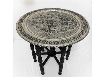 Vintage Persian Middle Eastern Silvered Copper Lion Slayers Ghalamzani  Engraved Tray Side Table