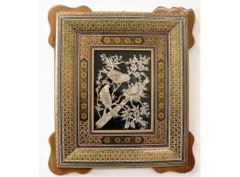 Persian Khatam Micro Mosaic Frame With Silver-Copper Art Birds & Flowers