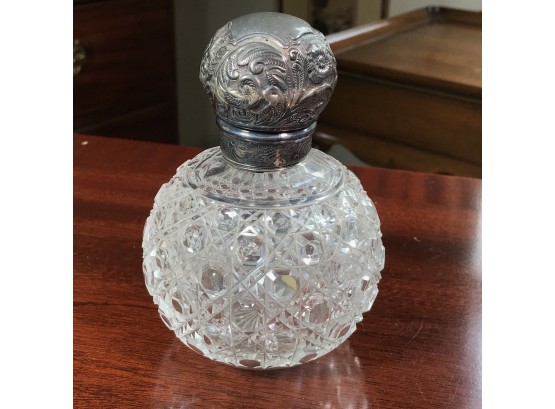 Stunning LARGE Antique Perfume / Scent Crystal Bottle With Sterling Silver Top - English - Late 1800s Wow !