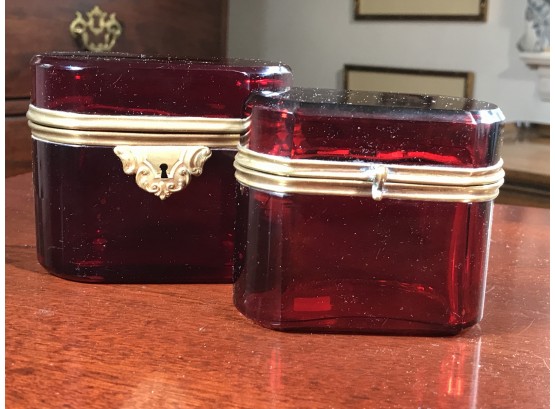 Two Fabulous Antique Cranberry / Ruby Glass Lidded Dresser / Tea Boxes - Smaller Than Others - Two For One Bid