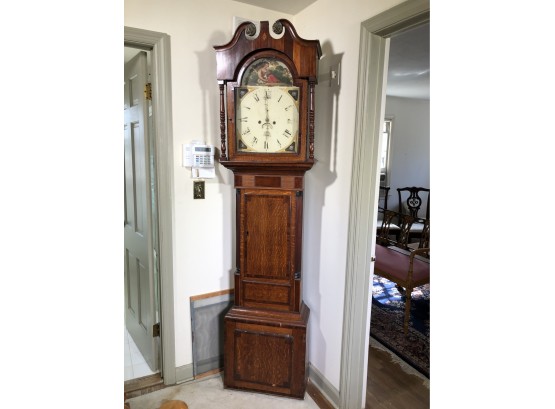Fantastic Large Antique Grandfather Clock - Oak Or Chestnut - Hand Painted Dial - Very Nice Old Clock - Wow !