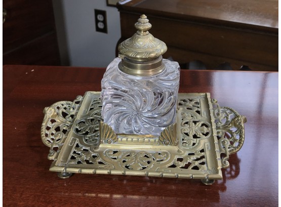 (2 OF 2) Large Brass & Crystal Ornate Antique Victorian Inkstand / Inkwell By TOWNSHEND & Co - Nice Large Size
