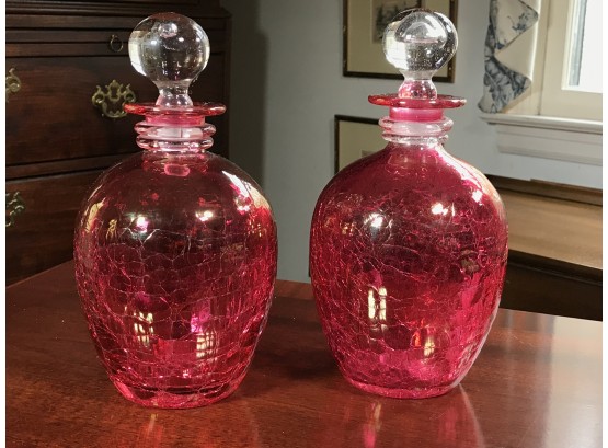 Two Wonderful Antique Victorian Compatible Style Red Crackle Finish Bottles - Both Have Stoppers - VERY NICE !