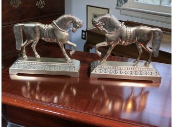 Gorgeous Large Pair Of Antique Brass Horse Fireplace Chenets Or Horse Bookends - Amazing Patina - GREAT LOT !