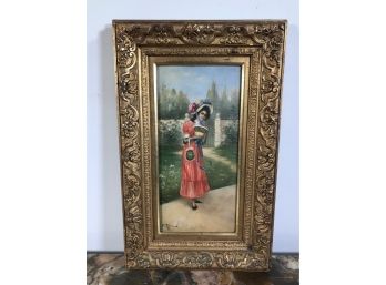Incredible Signed F. ROMANELLI Antique Oil On Board Of Beautiful Bonnet Lady - Lovely Colors - Very Well Done