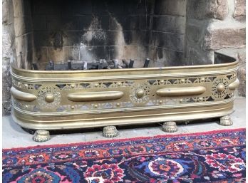 Wonderful Small Antique Brass Fireplace Fender - Lovely Pierced Design With Paw Feet - Hard To Find Smaller