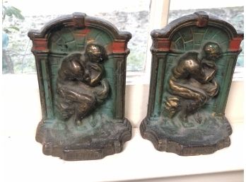 Lovely Antique Cast Iron Bookends THE THINKER - All Original Paint - Very Nice Look Pair - Great Old Ones