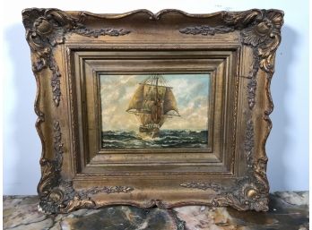 Lovely Small Vintage Oil On Board Of Ship At Sea - Very Ornate Gilt Frame - Unusual Smaller Size (13-1/2 X 2)